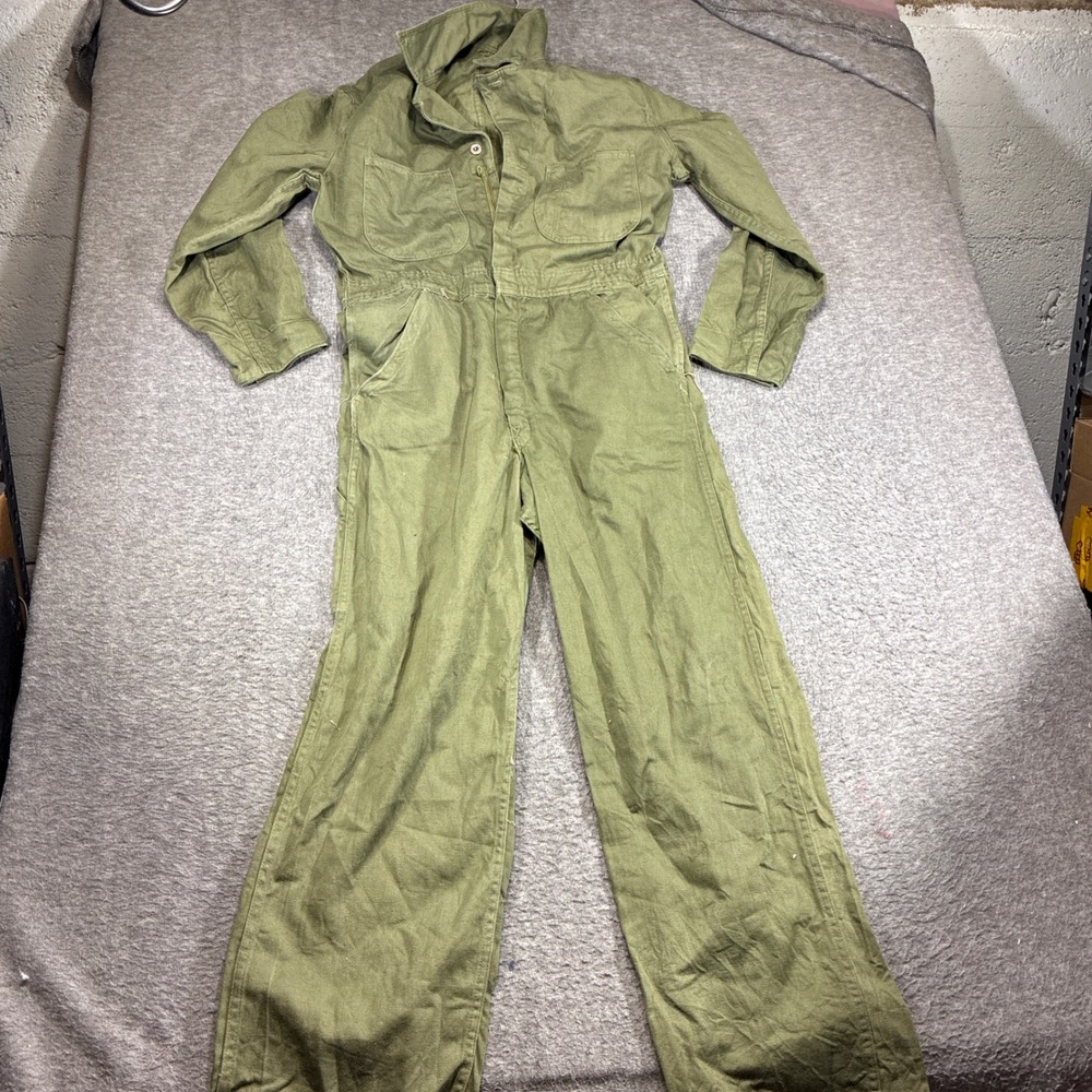 Vintage WWII Korea HBT Military Workwear Coveralls Jumpsuit Prentice Zipper Med